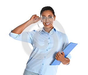 Beautiful Hispanic businesswoman with clipboard