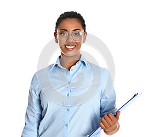 Beautiful Hispanic businesswoman with  on white background