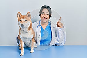Beautiful hispanic veterinarian woman checking dog health surprised with an idea or question pointing finger with happy face,