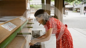 Beautiful hispanic woman with glasses participates in traditional asian purifying ritual at meiji temple, washing hands in flowing
