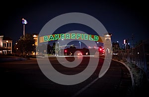 Beautiful historic Bakersfield sign lit up at night