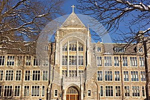 Beautiful historic building of White-Gravenor Hall famed in winter landscape.