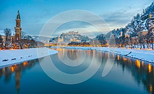 Beautiful historic city of Salzburg in winter at night, Austria