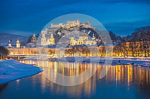 Beautiful historic city of Salzburg in winter at night, Austria