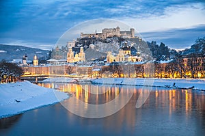 Beautiful historic city of Salzburg in winter at night, Austria