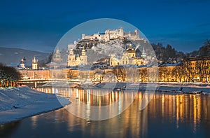 Beautiful historic city of Salzburg in winter at night, Austria