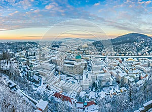 Beautiful historic city of Salzburg in winter at sunset, Austria