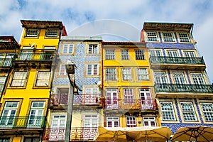 Beautiful historic colorful buildings in the old town of Ribeira in the city of Porto, Portugal