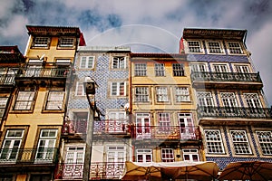 Beautiful historic colorful buildings in the old town of Ribeira in the city of Porto, Portugal