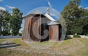 Beautiful historic wooden church of the Marriage of the Blessed Virgin Mary in Ruda Koscielna.