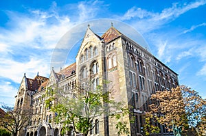 The beautiful historical building of the National Archives of Hungary in the Hungarian capital city Budapest. The exterior of the