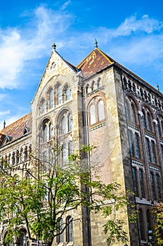 The beautiful historical building of the National Archives of Hungary in the Hungarian capital city Budapest. The exterior of the