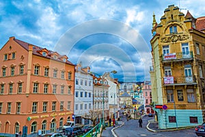 Beautiful colorful historical buildings Karlovy Vary Czech Republic