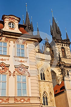 Beautiful historical buildings on the Old Town Square in Prague