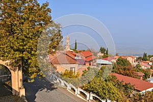 Beautiful historical center of village Sighnaghi in Kakheti region, Georgia. Traditional houses with the Alazani Valley