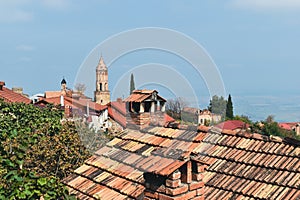 Beautiful historical center of village Sighnaghi in Kakheti region, Georgia. Traditional houses with the Alazani Valley