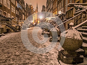 Mariacka street at night, in winter, Danzig, Poland photo