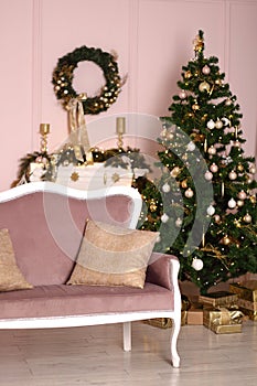 Beautiful holdiay decorated room with Christmas tree