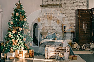 Beautiful holdiay decorated room with Christmas tree