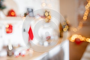 Beautiful holiday decorated room with Christmas tree and bright lights , out of focus shot for photo background. Blur christmas