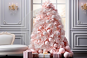 A beautiful holiday decorated room with a Christmas tree in pink color, a fireplace and an armchair. Cozy winter scene. White and
