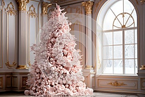 A beautiful holiday decorated room with a Christmas tree in pink color, a fireplace and an armchair. Cozy winter scene. White and