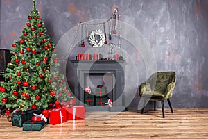 Beautiful holiday decorated room with Christmas tree with presents under it