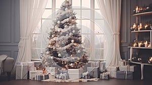 Beautiful holiday decorated room with Christmas tree with presents under it. generative ai