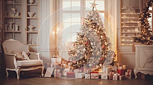 Beautiful holiday decorated room with Christmas tree with presents under it. generative ai