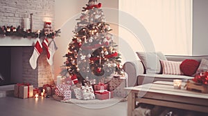 Beautiful holiday decorated room with Christmas tree with presents under it. generative ai