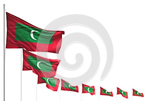 Beautiful holiday flag 3d illustration - Maldives isolated flags placed diagonal, illustration with bokeh and space for content