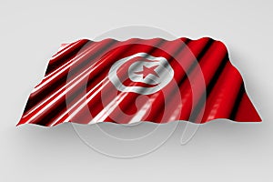 Beautiful holiday flag 3d illustration - shining flag of Tunisia with big folds lying flat isolated on grey