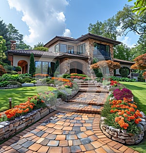 Beautiful home with brick walkway and stone accents.