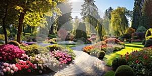 Beautiful home garden or park in summer, scenery of upscale landscaped house backyard. Scenic view of tiled path, flowers and