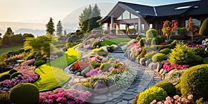 Beautiful home garden in summer, scenery of upscale landscaped house backyard at sunset. Scenic view of path, flowers and green