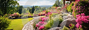 Beautiful home garden view, luxury landscaped house backyard in summer. Banner with lawn, path, rocks, flowers and green plants.