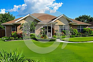 A beautiful home with lush green grass and flowers