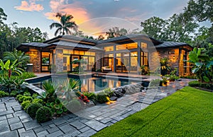 Beautiful home with pool and tropical plants.