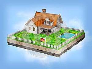 Beautiful home for sale realestate sign. Little cottage on a piece of earth in cross section. 3D illustration.