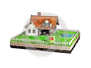 Beautiful home for sale realestate sign. Little cottage on a piece of earth in cross section. 3D illustration.