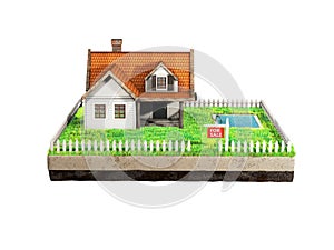 Beautiful home for sale realestate sign. Little cottage on a piece of earth in cross section. 3D illustration.