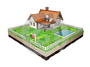 Beautiful home for sale realestate sign. Little cottage on a piece of earth in cross section. 3D illustration.