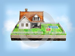 Beautiful home for sale realestate sign. Little cottage on a piece of earth in cross section. 3D illustration. photo