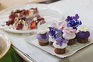 Beautiful homemade cupcakes with purple, white and pink marzipan flowers on top