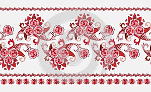 Beautiful horisontal border in ethnic style. Stylized roses, tulips and paisley ornament on white background. Vector illustration