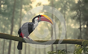 Beautiful hornbill bird on branch of tree in forest, AI generated