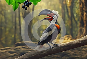 beautiful hornbill on branch and wild grapes in forest, AI generated