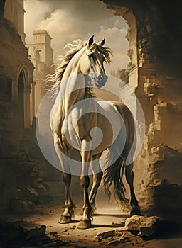 beautiful horse in ancient engraving style. Digital artwork. Ai generated