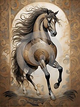 beautiful horse in ancient engraving style. Digital artwork. Ai generated