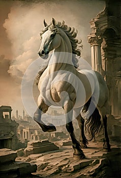 beautiful horse in ancient engraving style. Digital artwork. Ai generated